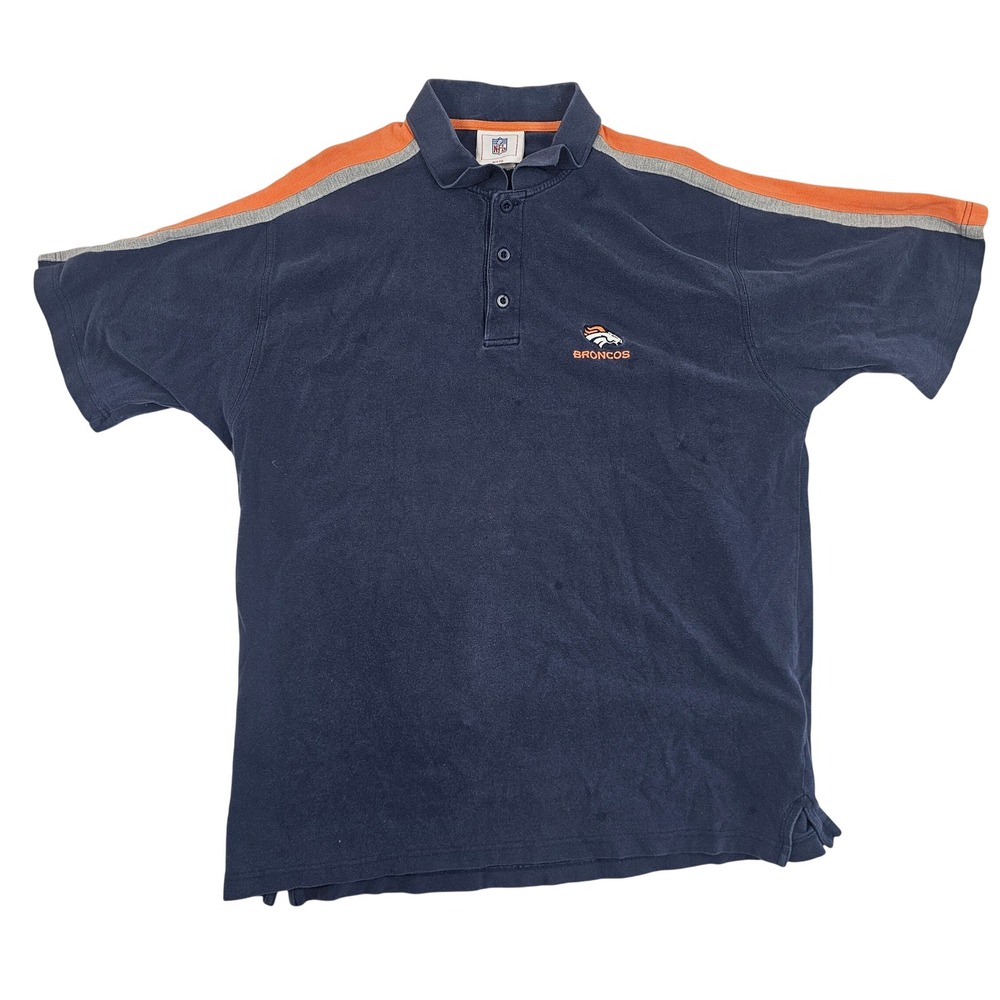 NFL Denver Broncos Polo Shirt Mens 2XL Navy Blue Orange Stripe Vintage Football
